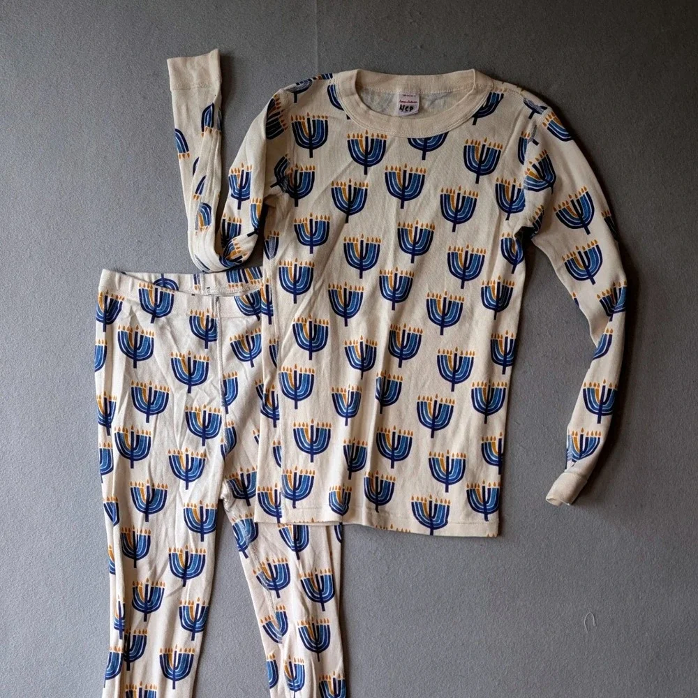 Hanna Andersson Pajama Set‎ Cream Menorah Hanukkah Organic Cotton Kids 14 / 160